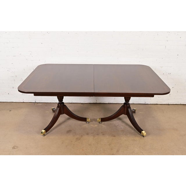Wood Kindel Furniture Georgian Banded Mahogany Double Pedestal Extension Dining Table, Newly Refinished For Sale - Image 7 of 14