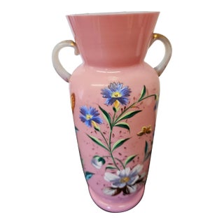 Antique French Pink Opaline Cased Glass Vase Hand Painted With Floral Motif For Sale