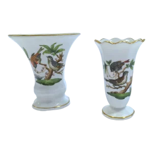 Vintage Herend Wild Bird/Butterfly Bud Vases, Pr