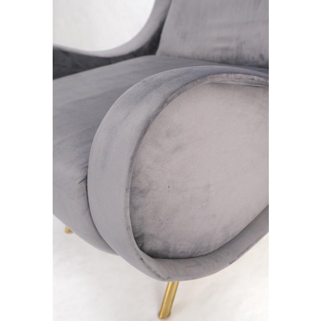 Pair Italian Mid-Century Modern brass legs grey arm lounge chairs Zanuso Buffa Decor Match.