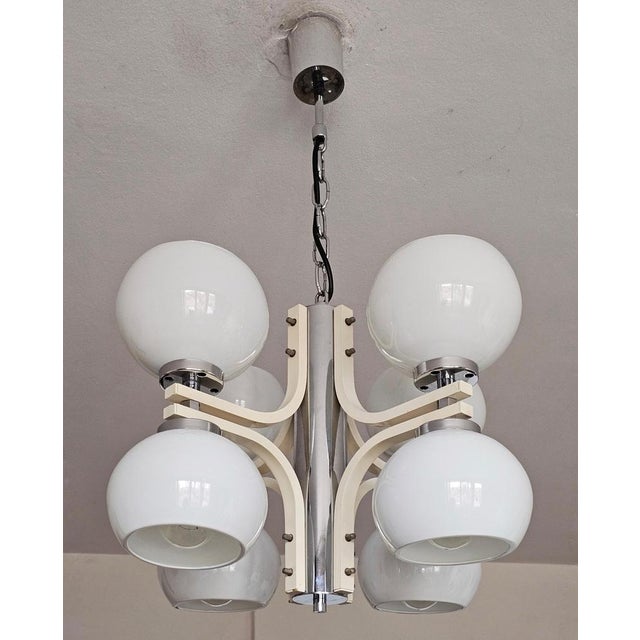 1970s Space Age Eight-Light Chandelier with While Glass Shades, 1970s For Sale - Image 5 of 15