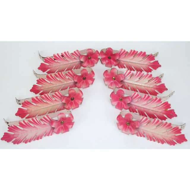 Mid-Century Modern Floral Tole Painted Metal Curtain Tie Backs c.1930, 4 Pairs Total of 8 For Sale - Image 3 of 14