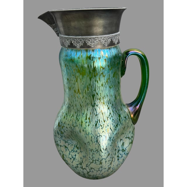 Green Vintage Loetz Style Iridized Oil Spot 12" Art Glass Pitcher Silver Plated Rim For Sale - Image 8 of 9