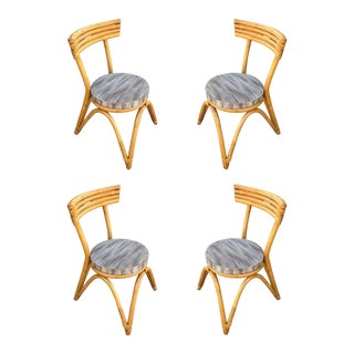 1940s Restored Arched "Zig -Zag" Leg Rattan Dining Chair, Set of Four For Sale