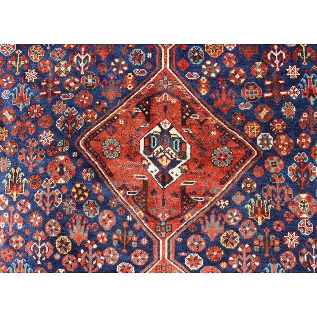 Textile Early 20th Century Antique Persian Shiraz Rug With Tri-Medallion Geometrics in Royal Blue and Red For Sale - Image 7 of 13