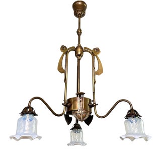 Art Nouveau 3-Arm Chandelier with Opal Iridescent Glass, 1960s For Sale