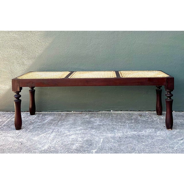 English Vintage Anglo Indian Inset Cane Bench For Sale - Image 3 of 12