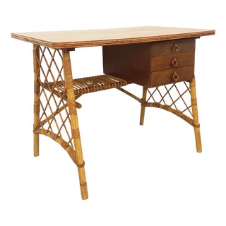 Vintage Desk in Rattan and Wood by Louis Sognot, 1960s For Sale