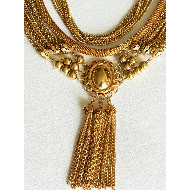 Vintage 1970s Gold Tone Multi-Strand Tassel Bib Necklace, Etruscan Revival Style For Sale - Image 9 of 16