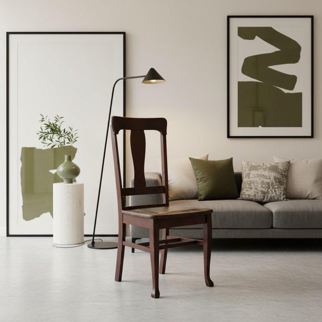 Farmhouse Antique Nc Chair-Leather Seat-Shaker Style-Primitive Accent Chair-Farm-Wood-Desk For Sale - Image 3 of 11