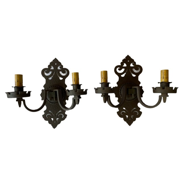 1920s Forged Cast Iron Double Sconces With Original Patina - a Pair For Sale In Los Angeles - Image 6 of 6