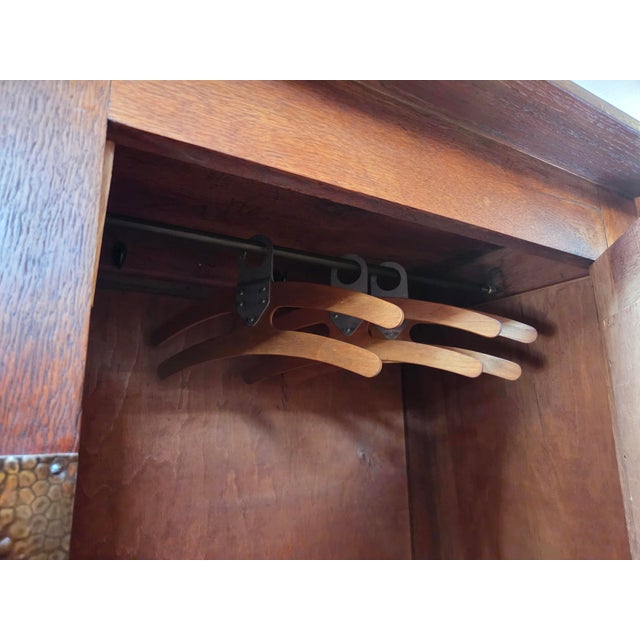 Arts & Crafts Liberty Style Oak Mission Armoire Hand Hammered Copper Accents For Sale - Image 12 of 13