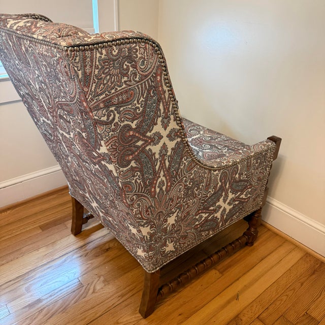 2000 - 2009 Wesley Hall Barley Twist Davis Wingback Chair in Paisley Tapestry and Nailhead Trim For Sale - Image 5 of 10