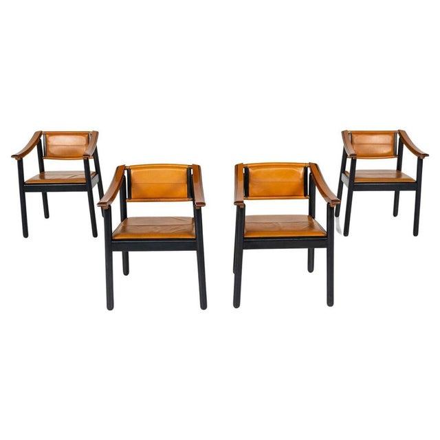 Mid-Century Modern 4 Armchairs in Wood and Leather in the style of Scarpa, Italy, 1960s, Set of 4 For Sale - Image 9 of 9