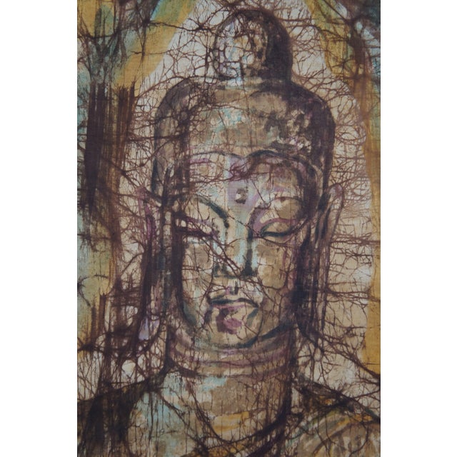 1963 Sitting Buddha Painting on Silk Burlap, Framed, Fukazen & Co For Sale - Image 9 of 13