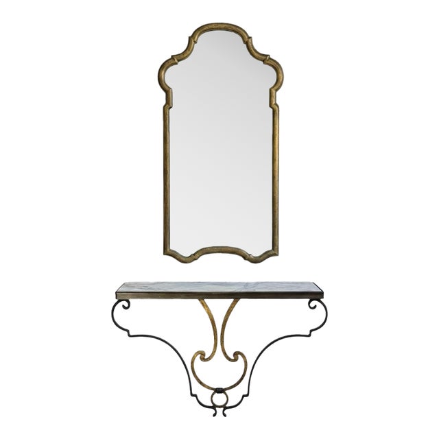 1970s Italian Neoclassical Mirror & Wall Mounted Iron Marble Top Console Table For Sale