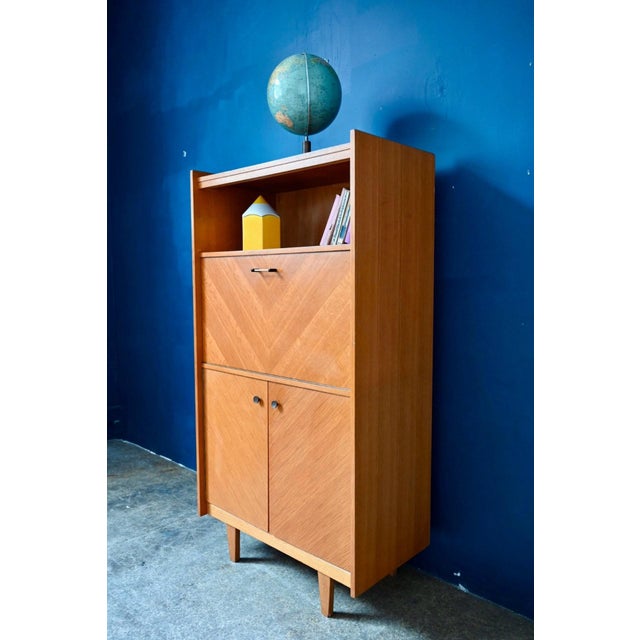 Vintage Chevron Marquetry Secretaire in Oak, 1950s For Sale - Image 3 of 18