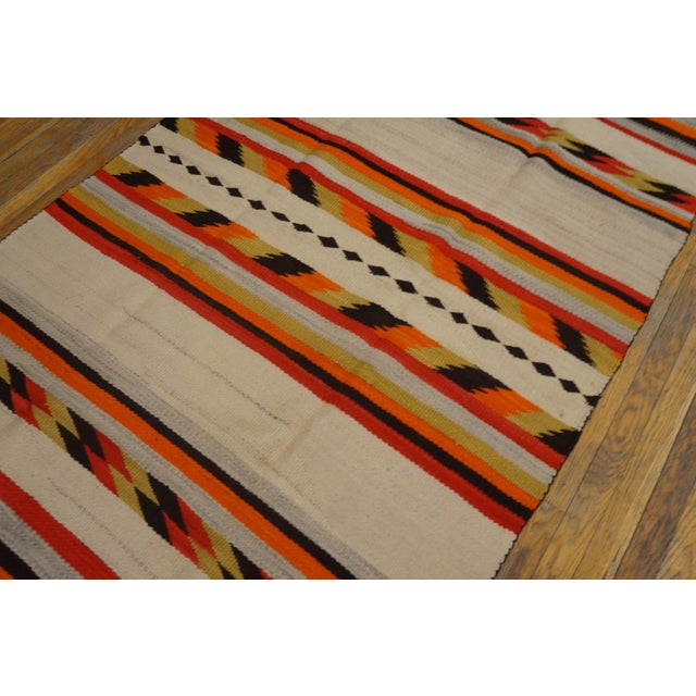Native American 1930s Ivory Cream Geometric Stripe Antique American Navajo Rug Flat Woven 4'2" X 6'2" Wool Carpet For Sale - Image 3 of 6