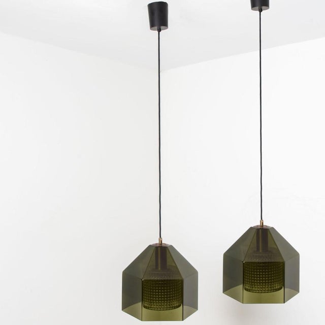 Swedish Green Tinted Glass & Brass Pendant Lamp attributed to Carl Fagerlund for Orrefors, 1960s For Sale - Image 15 of 18