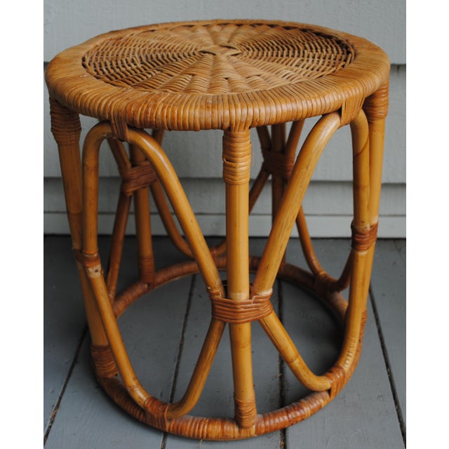 Mid Century Small Round Drum Bamboo Wicker Top Accent Table For Sale - Image 4 of 8