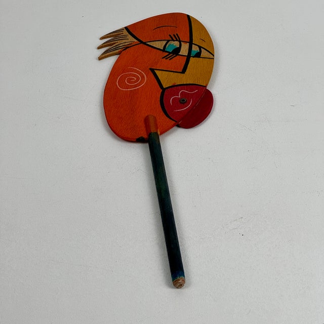 Vintage Whimsical Painted Wood Art Face Sculpture/Mask on a Stick For Sale - Image 4 of 7