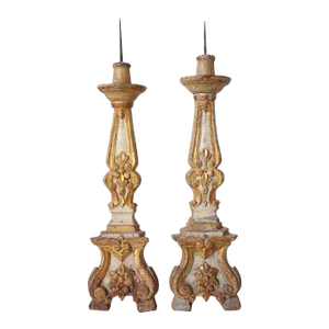 18th Century Indo-Portuguese Painted and Gilt Teak Pricket Candlesticks - Near Pair
