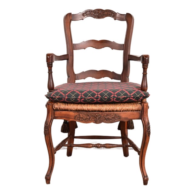Baker Furniture French Provincial Louis XV Carved Walnut Armchair or Dining Captain Chair For Sale
