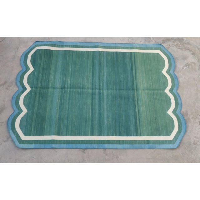 Handmade Cotton Scalloped Rug, Forest Green With Cream and Teal Blue Border - 4'x6' For Sale - Image 11 of 11