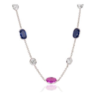 Diamond, Pink & Blue Sapphire Necklace For Sale