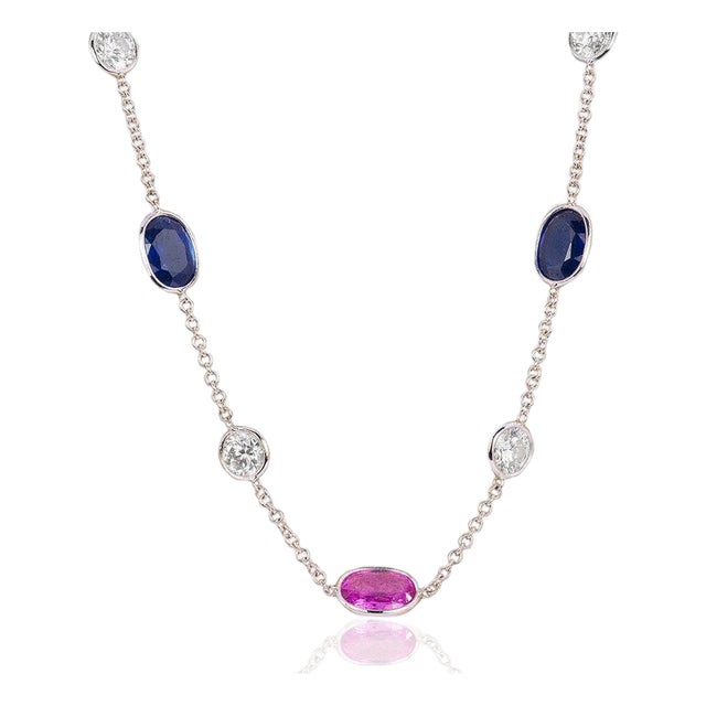 Diamond, Pink & Blue Sapphire Necklace For Sale