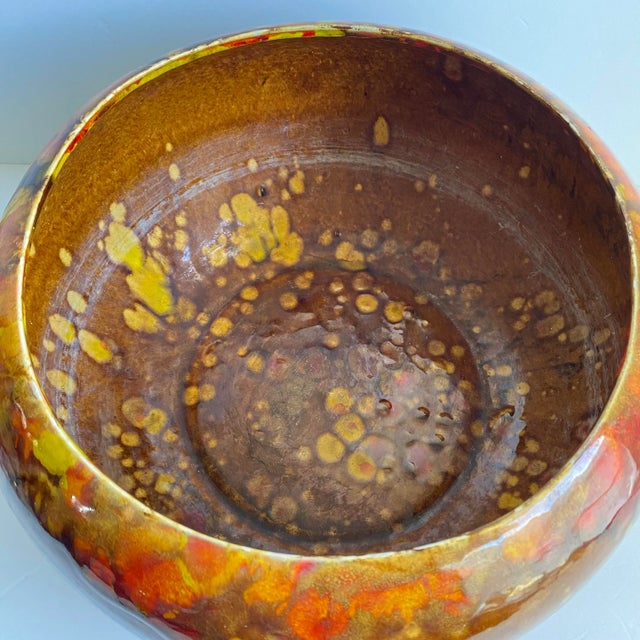 1960s Frank Moreno Usa Pottery XL Large Planter Brown Yellow Red Drip Glaze Signed Mid Century Modern 1960s For Sale - Image 5 of 11
