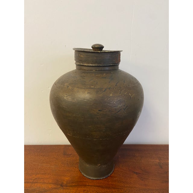 Traditional Interlude Home Distressed Metal Urn With Lid For Sale - Image 3 of 8