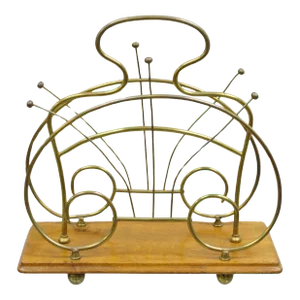 19th Century Antique English Victorian Brass and Oak Wood Scrolling Magazine Rack