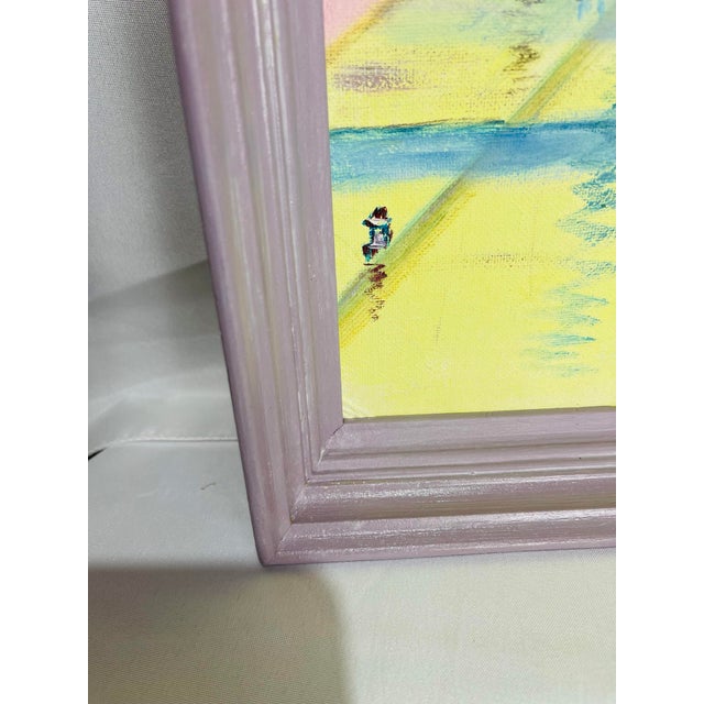 1970s Whimsical Mid-Century Modern Cityscape Painting in Lavender Frame For Sale - Image 10 of 11