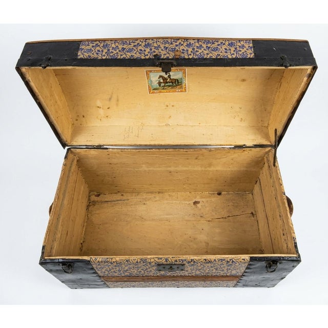 Wood Late 19th Century Victorian Dome-Top Steamer Trunk - Blue & Gold Floral Embossed Tin For Sale - Image 7 of 11