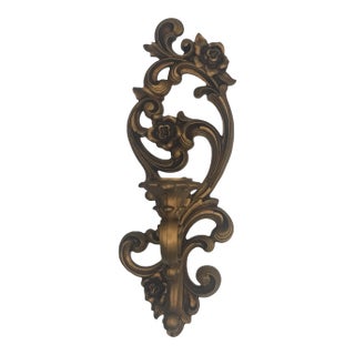 1971 Homco Hollywood Regency Gold Floral Wall Candle Sconce For Sale
