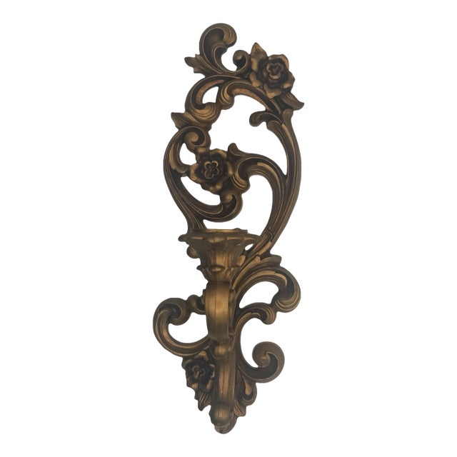 1971 Homco Hollywood Regency Gold Floral Wall Candle Sconce For Sale