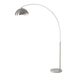 1960s Adjustable Luna Bella Floor Lamp - Mid Century Modern Arc Lamp, Dimmable, Hemi-Sphere Satin Nickel White Shade, White Round Marble Base For Sale