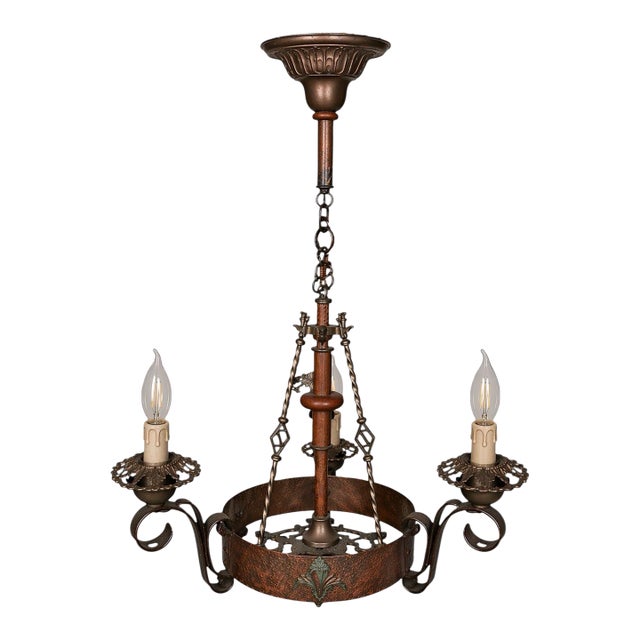 1920s Arts and Crafts, Art Deco Polychrome, Iron and Wood 3 Light Chandelier For Sale