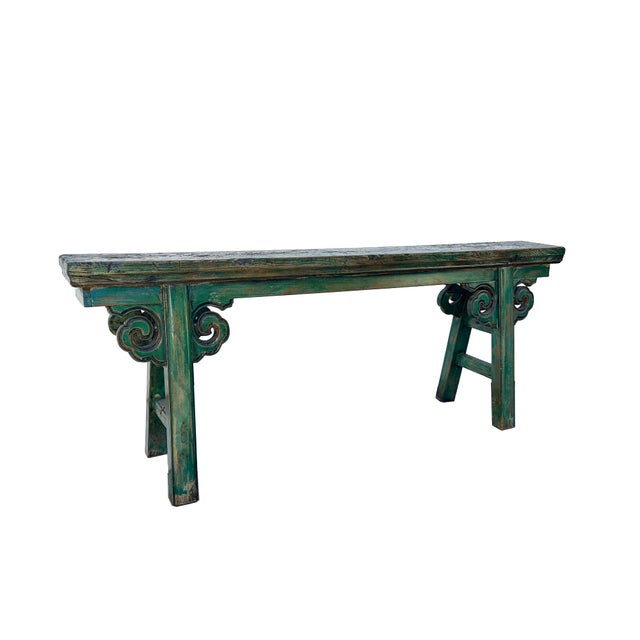 1950s Distressed Brown Green Blue Village Slim Narrow Scroll Apron Wood Bench For Sale - Image 5 of 7