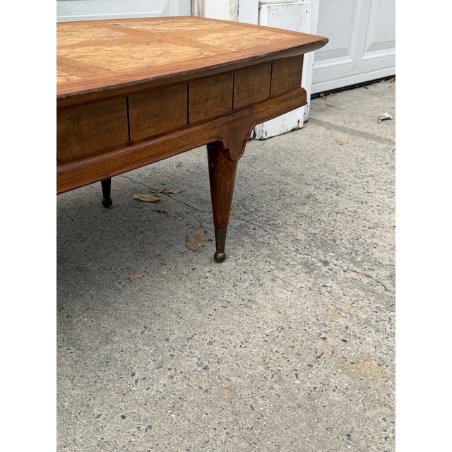 Vintage Mid-Century Modern Burl Wood Coffee Table With Inlaid Top, Tapered Legs and Brass Feet For Sale In New York - Image 6 of 12