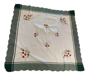 Vintage Hand-Embroidered Strawberries Square Scalloped Edge Tablecloth