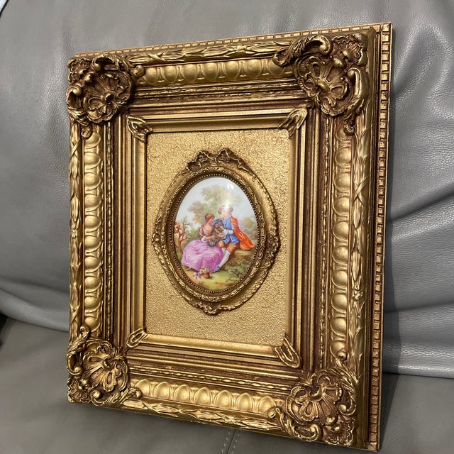 Limoges, France Vintage Hand Painted Framed Limoges Frangonard Medallion — Courting Couple For Sale - Image 4 of 11