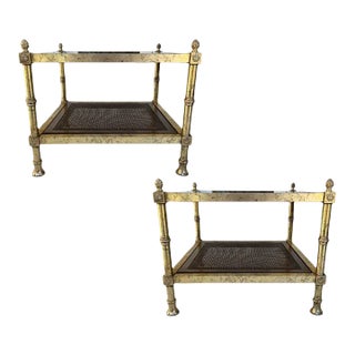 1970s Gilt Square Side Tables With Smokey Glass and Cane Shelf - a Pair For Sale