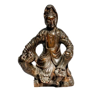 Hand Carved Large Antique Chinese Guanyin Wood Sculpture on Dragon Buddhist Asian Home Decor For Sale