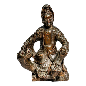 Hand Carved Large Antique Chinese Guanyin Wood Sculpture on Dragon Buddhist Asian Home Decor