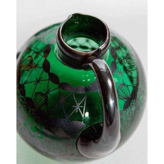 Vintage Green Murano Glass Liqueur Decanter and Glasses with Hand-Painted Silver Decor, Italy, 1930s, Set of For Sale - Image 10 of 11
