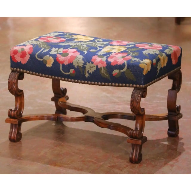 19th Century French Louis XIII Walnut Stool With Floral Needlepoint Upholstery For Sale In Dallas - Image 6 of 12