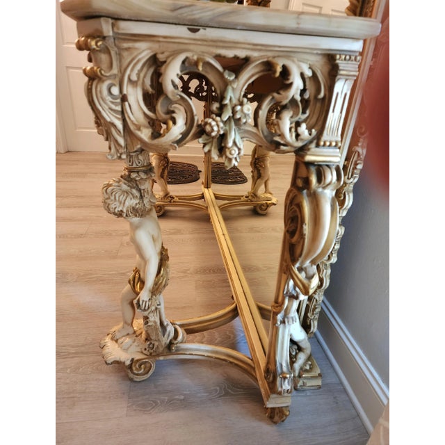 1960s Vintage Italian Grandeur Baroque Cherub Onyx Top Console With Matching Mirror For Sale In Los Angeles - Image 6 of 12