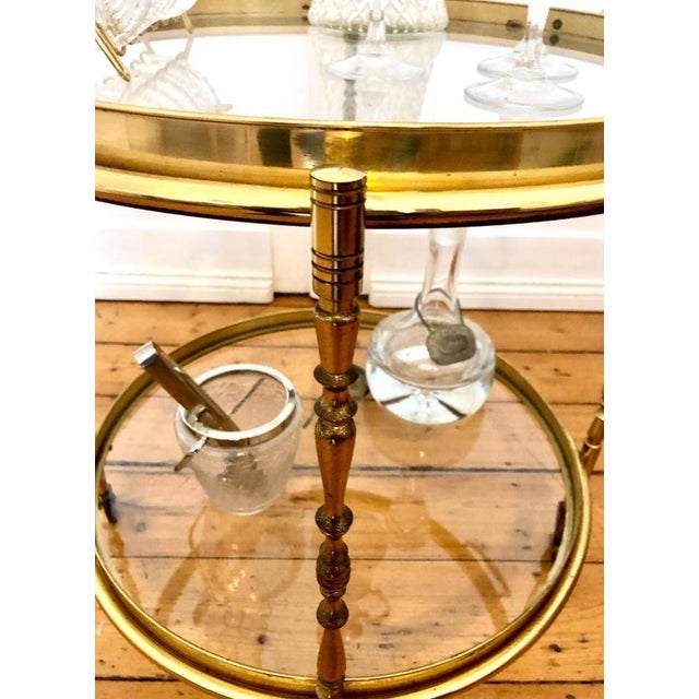 Metal Brass Round Serving Trolley with Smoked Glass Shelves and Removable Tray, 1960s For Sale - Image 7 of 9
